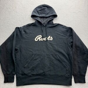 Roots Athletics Men Script Logo Hoodie Black Cotton Blend Pullover M Canada Made